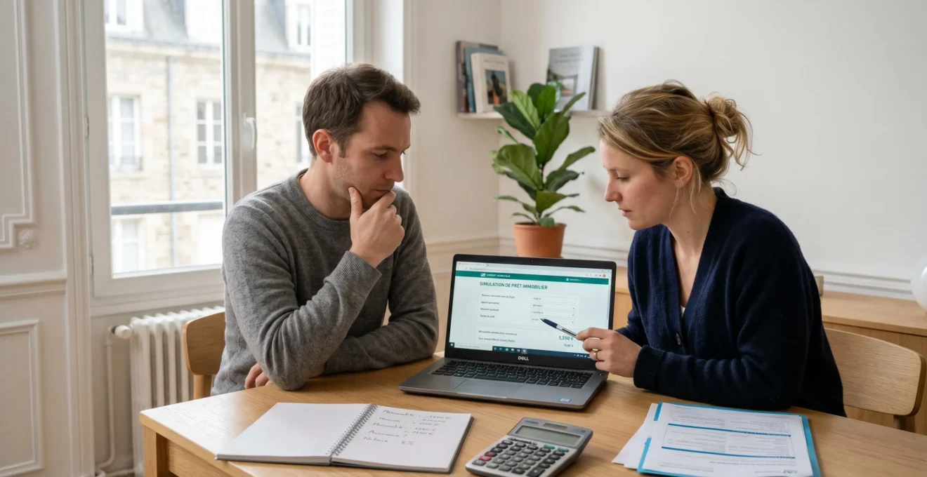 Couple consultant un simulateur de crédit immobilier sur ordinateur portable dans un salon moderne, avec documents et calculatrice sur la table