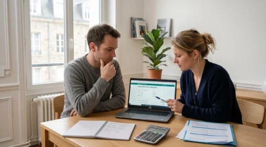 Couple consultant un simulateur de crédit immobilier sur ordinateur portable dans un salon moderne, avec documents et calculatrice sur la table