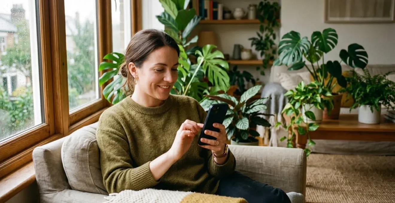 Femme consultant son application bancaire sur smartphone dans un environnement lumineux et végétalisé