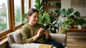Femme consultant son application bancaire sur smartphone dans un environnement lumineux et végétalisé