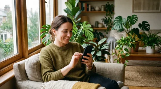Femme consultant son application bancaire sur smartphone dans un environnement lumineux et végétalisé