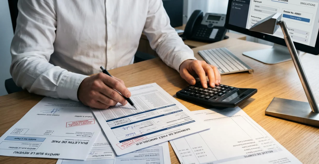 Gros plan sur les mains d'un conseiller bancaire analysant un dossier de crédit immobilier avec documents et calculatrice