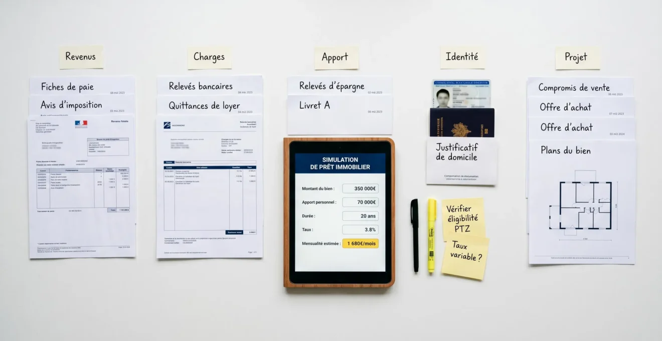 Vue aérienne de documents organisés en cinq piles étiquetées pour préparer une simulation de crédit immobilier, avec tablette affichant un formulaire