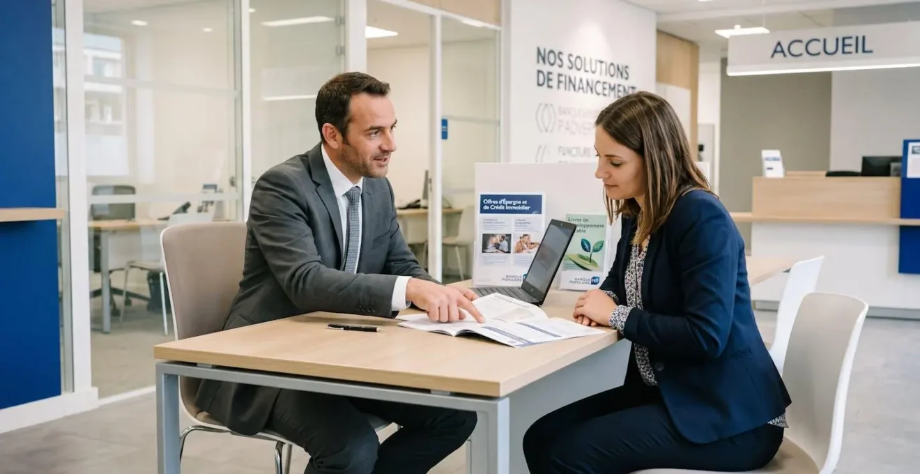 Conseiller bancaire présentant les différentes offres de compte à un client lors d'un entretien dans une agence bancaire moderne, avec brochures visibles sur le bureau