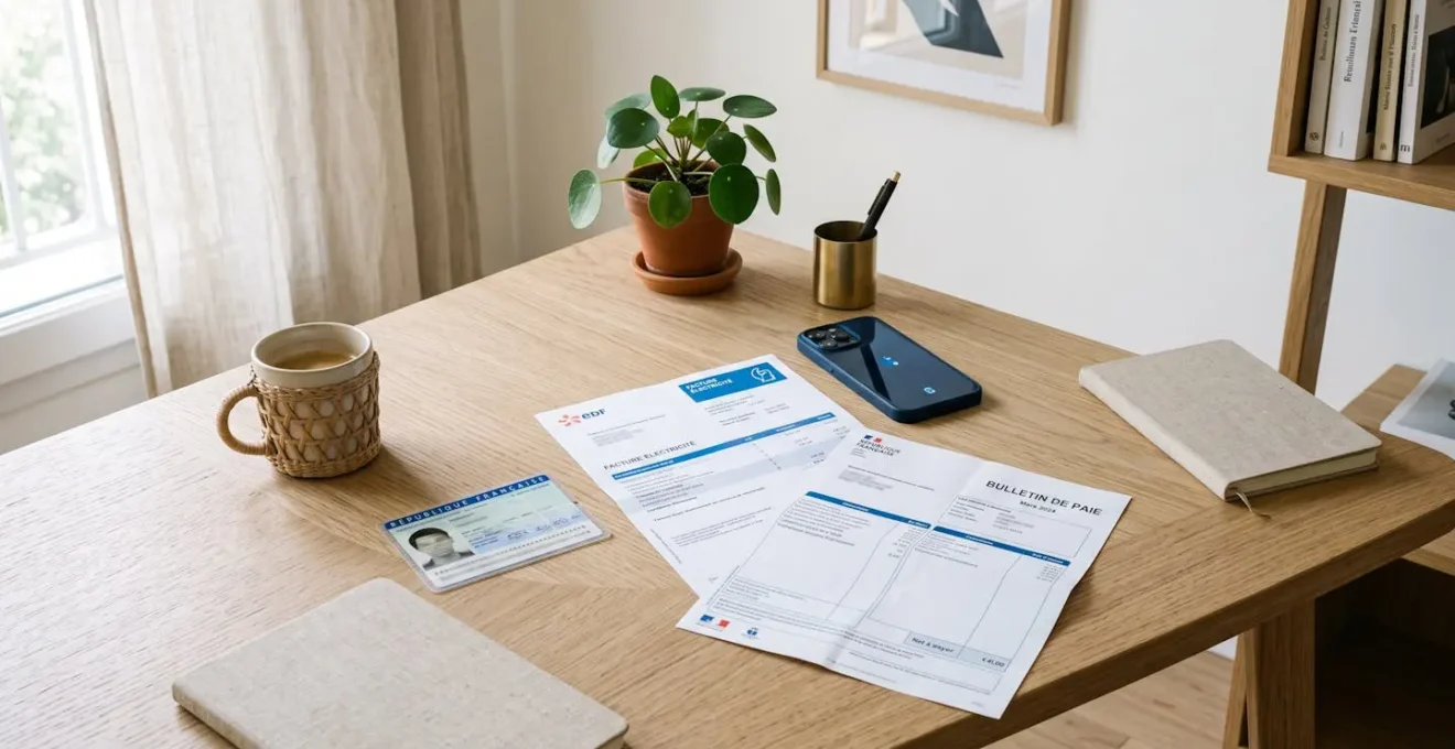 Documents justificatifs français pour ouverture de compte bancaire (carte d'identité, justificatif de domicile, fiche de paie) disposés sur un bureau moderne avec smartphone pour numérisation