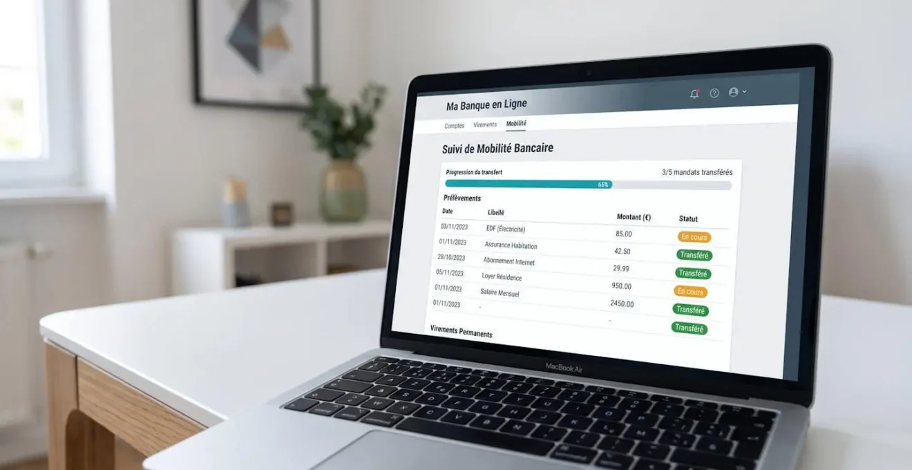 Écran d'ordinateur affichant l'interface de suivi de mobilité bancaire avec liste de prélèvements et virements en cours de transfert automatique vers le nouveau compte
