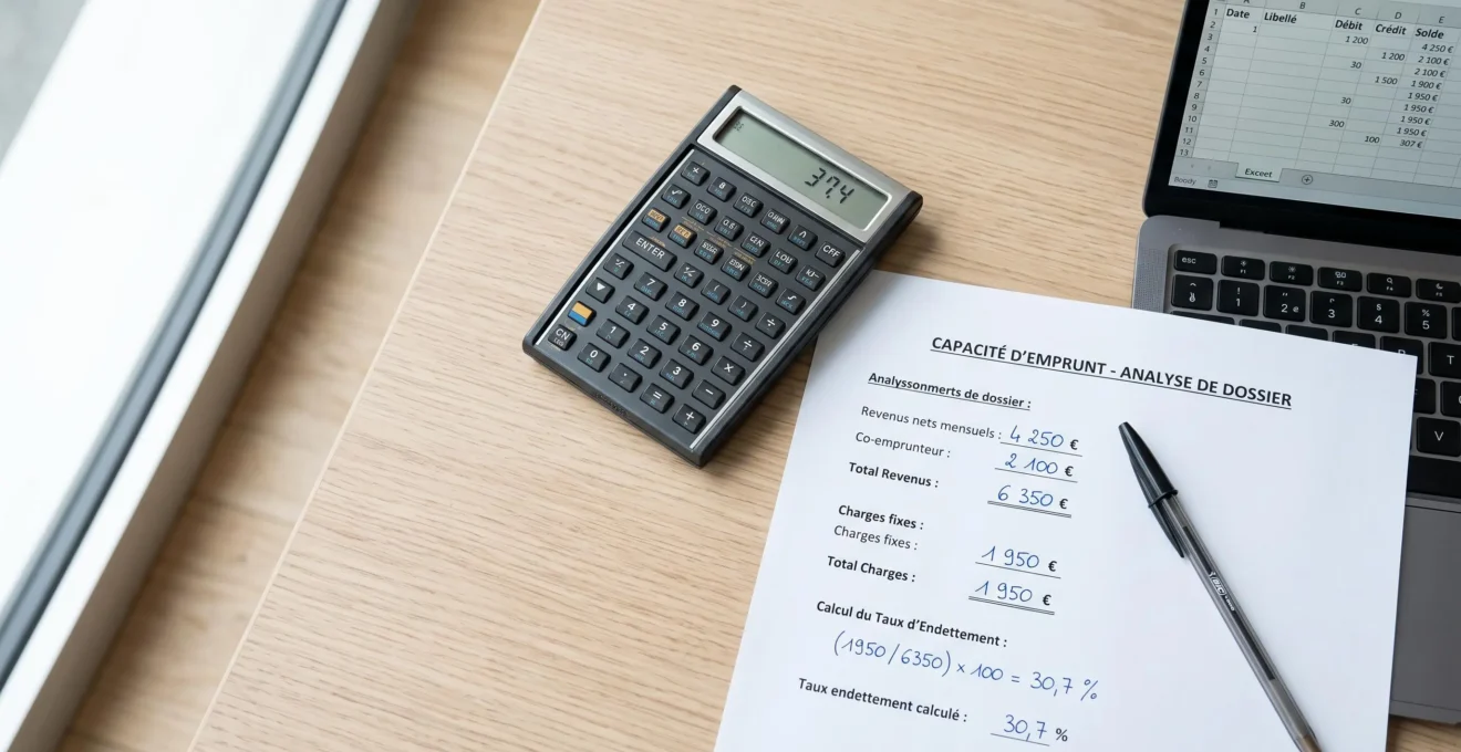 Gros plan sur un formulaire d'évaluation bancaire de capacité d'emprunt avec sections manuscrites en français, calculatrice et tableur numérique