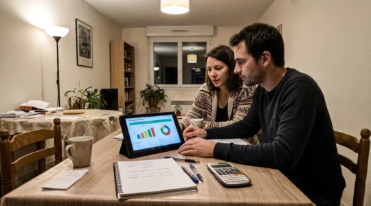 Jeune couple debout dans une rue résidentielle française, face à un immeuble, la femme tenant un dossier de documents, l'homme pointant du doigt vers un étage, en discussion.
