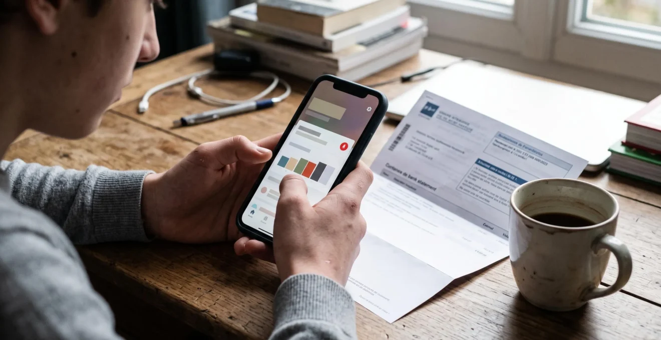 Mains tenant un smartphone affichant une alerte de solde rouge, avec un relevé bancaire imprimé posé sur un bureau.