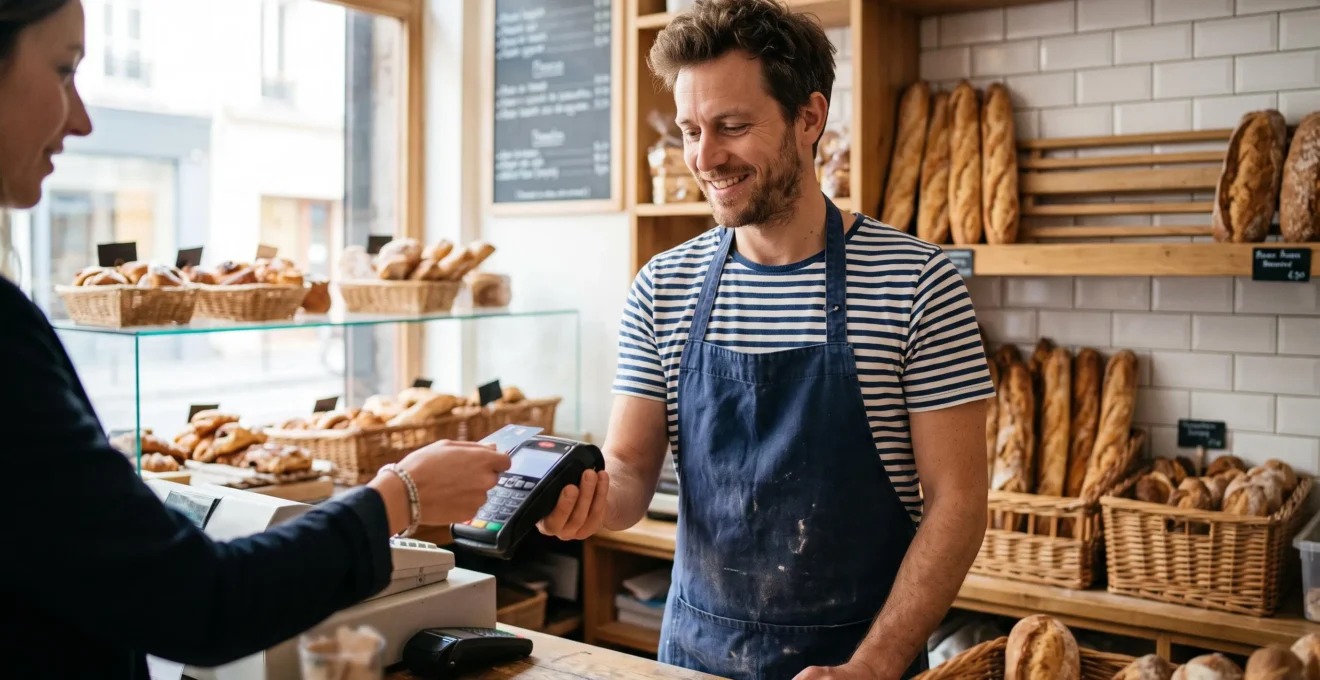 Un artisan boulanger encaisse le paiement d'un client par carte bancaire à l'aide d'un terminal de paiement dans sa boutique.
