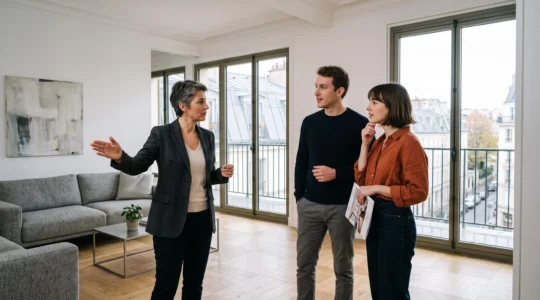 Jeune couple visitant un appartement moderne avec un agent immobilier dans un intérieur lumineux