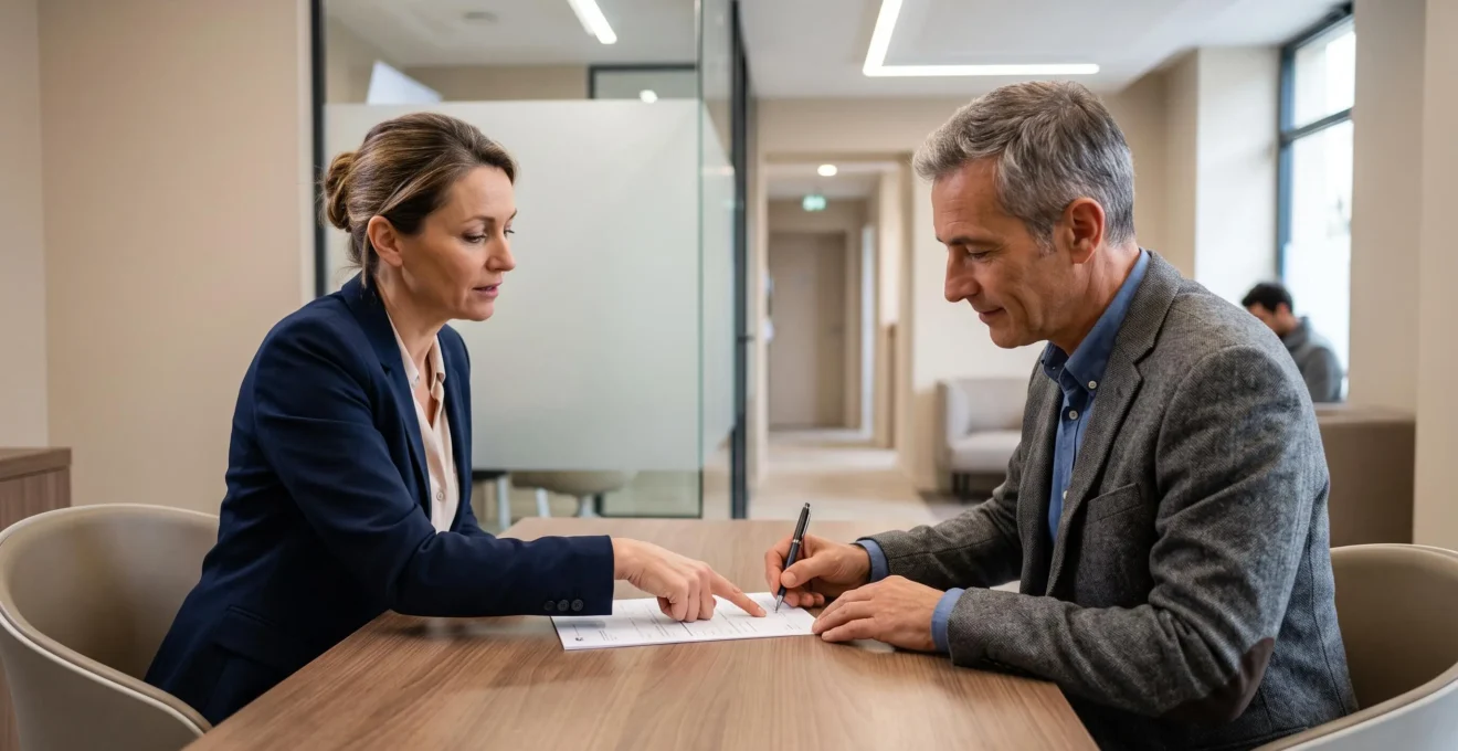 Une conseillère bancaire accompagne un entrepreneur qui signe un document d'ouverture de compte au guichet d'une agence.