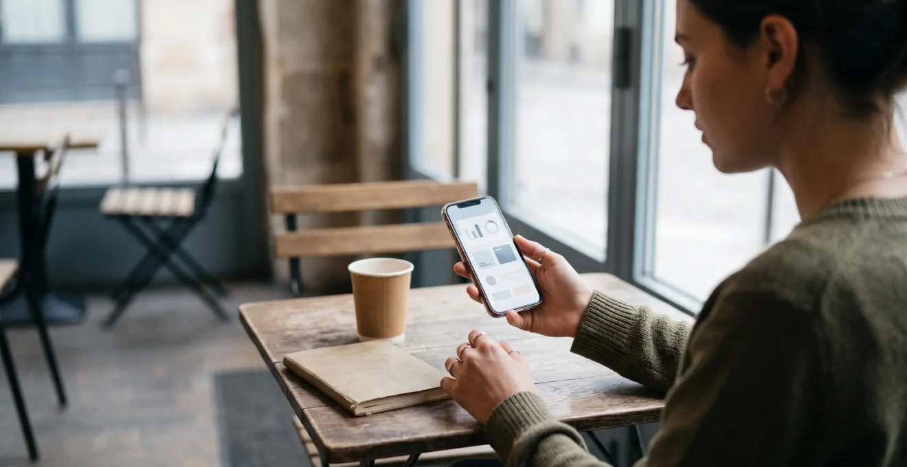 Une femme indépendante consulte une application bancaire mobile sur son smartphone attablée dans un café.