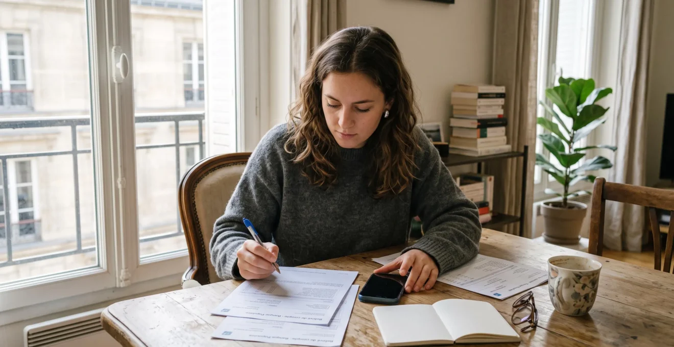 Un jeune adulte examine un relevé bancaire imprimé avec un stylo à la main, assis à une table dans un appartement lumineux.