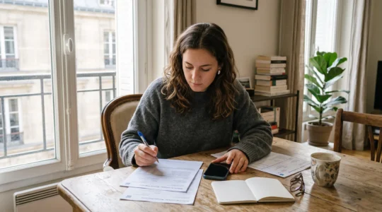 Un jeune adulte examine un relevé bancaire imprimé avec un stylo à la main, assis à une table dans un appartement lumineux.