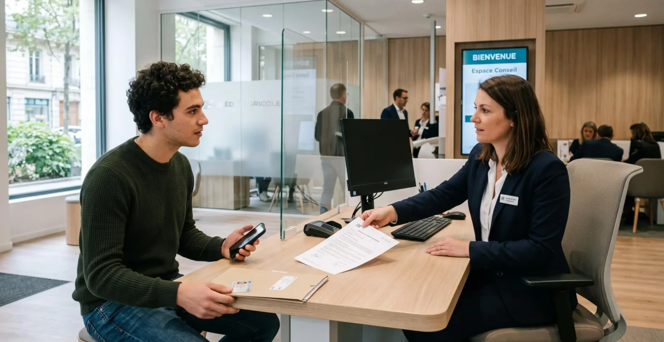 Un client signe un mandat devant un conseiller bancaire au comptoir d'une agence lumineuse.